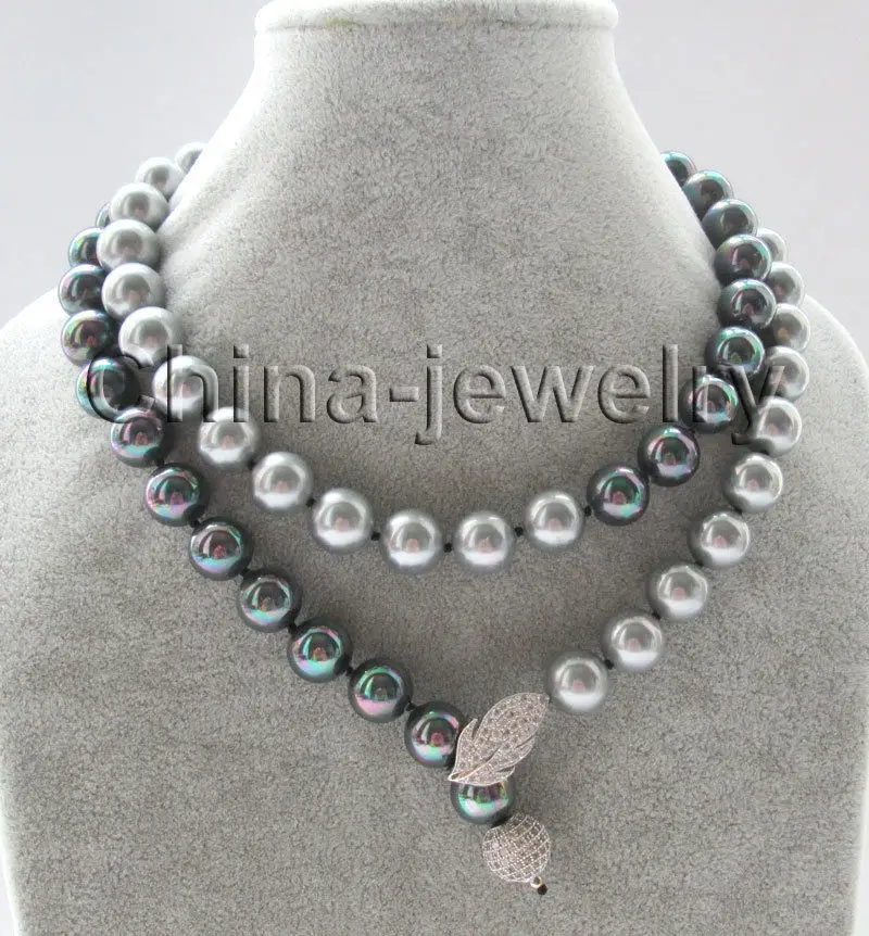 

FREE SHIPPING HOT sell new Style >>>>35" 12mm perfect round bright black & gray south sea shell pearl necklace