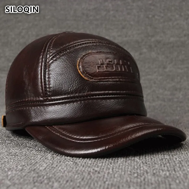 Billige SILOQIN Einstellbare Größe männer 100% Echtem Leder Kappe Winter Warme Baseball Caps Mit Ohrenschützer Rindsleder Marke Hut für männer