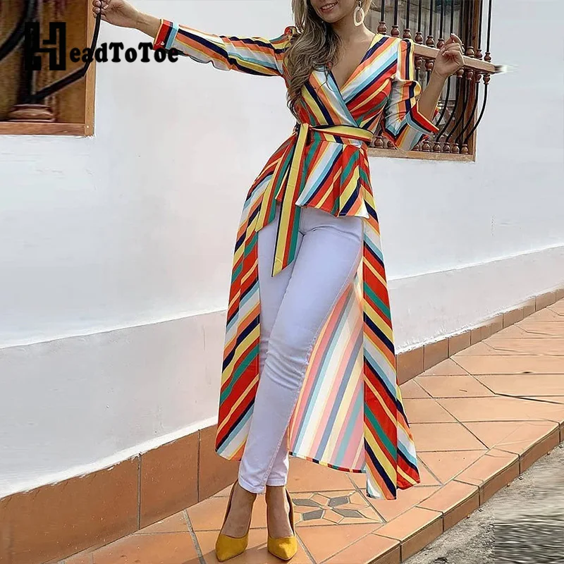 

Colorful Striped Ruffles Dip Hem Blouse