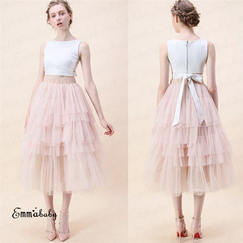 Модная Летняя женская одежда с высокой талией, фатиновая пачка, повседневные Элегантные вечерние юбки из полиэстера с рюшами - Цвет: Розовый