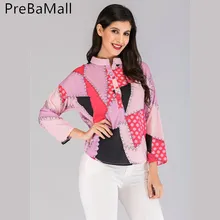 OL Women Patched Printed Shirt Blouse Stand Collar Button Design Long Sleeve Casual Loose Shirt Basic Tops C257 pocket patched tartan shirt