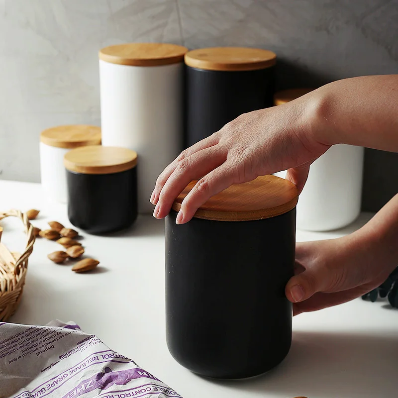 Home Kitchenware tea coffee beans storage rice grain cereal lid jar dried fruit cans container snacks box tools with wood