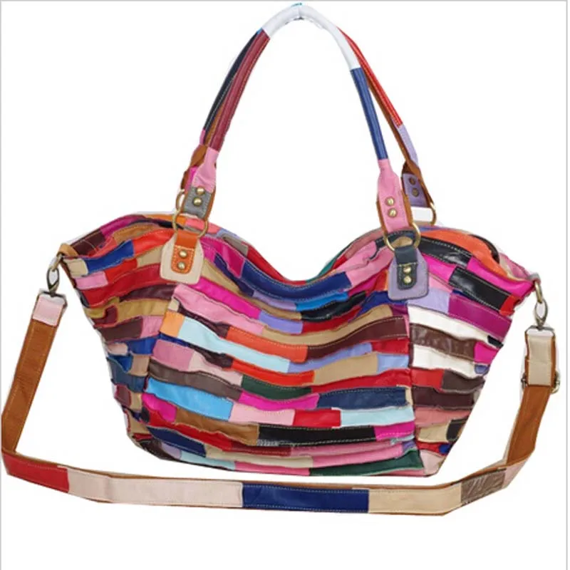 

2019 new Luxury Genuine Leather Women Handbag Colorful Sheepskin Patchwork Shoulder Bag for Women Large Capacity Casual Tote Bag