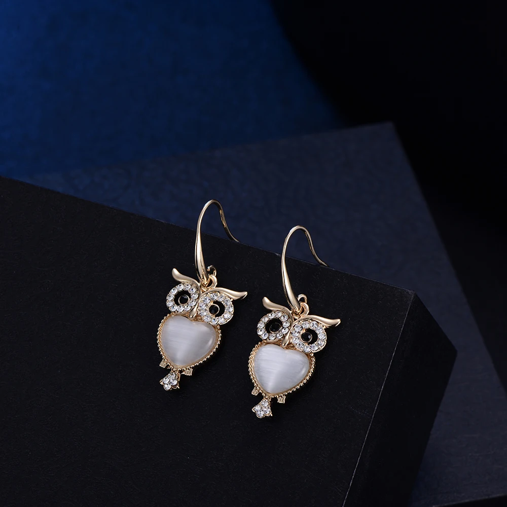 

Crystal Owl Drop Earrings Cat Eye Black Stone Gold/Silver European Style Dangle Earring For Femme Pendientes Dropshipping