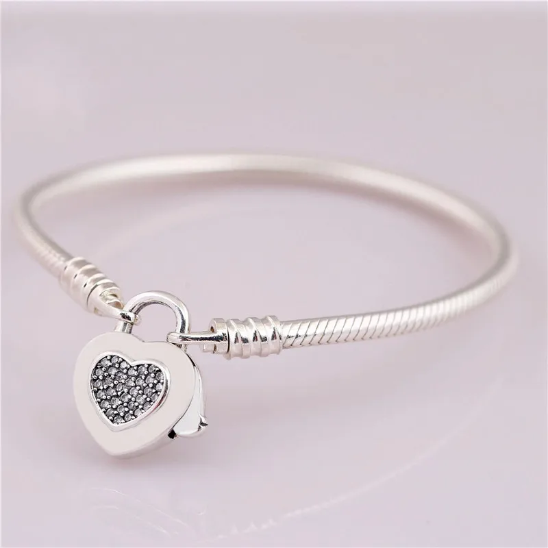 

925 Silver Snake Chain Fit Original Moments Smooth Branded Bracelet With Sparkling Heart Padlock Clasp Women DIY Jewelry Gift