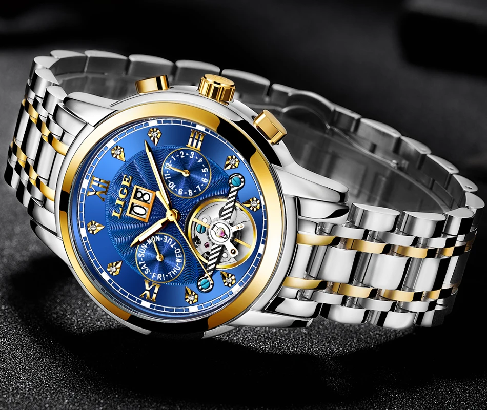 LIGE Men luxury Automatic Mechanical Watch Classic Business Watch Men Tourbillon Waterproof Men Wristwatch Relogio Masculino+Box