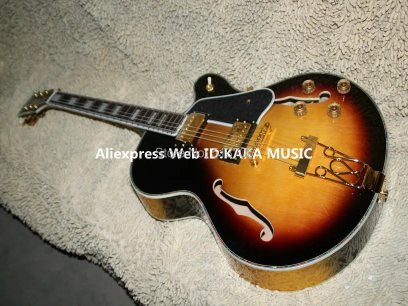 

Wholesale Guitars Newest Sunburst Hollow Jazz Guitar Gold hardware abalone binding Best Selling