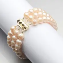 Благородные женские ювелирные изделия 3 ряда 8-9 мм розовый морской жемчуг культивированный пресноводный жемчуг браслет 7,5-7," класс крюк Серебро-ювелирные изделия