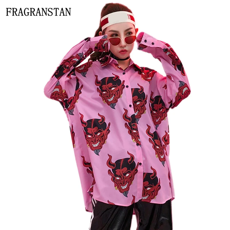 

Ladies Spring Autumn New Turn Down Collar Plus Size Shirt Female Fashion Devil Print Loose Top Women Casual Hip Hop Blouse Q647