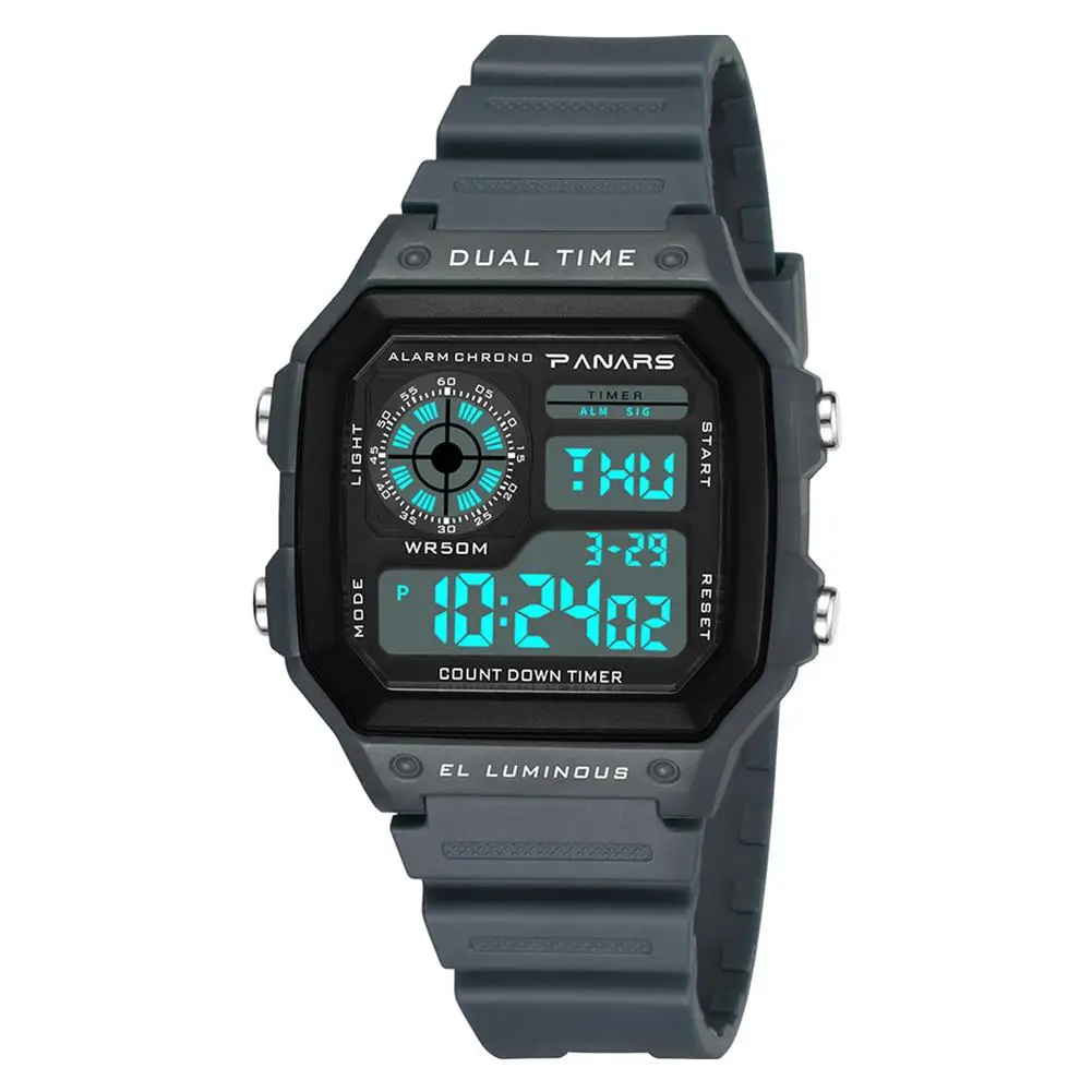 Wholesale Multiuse Waterproof Square Dial Luminous Dual Time Alarm Men Digital Wrist Watch