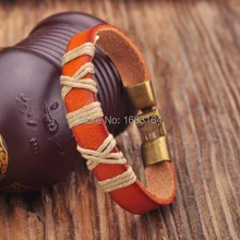 G155 оранжевый кожаный конопли Плетеный Серфер браслет наручная повязка наручник металлическая застежка Новинка для мужчин