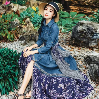 

2019 New High Quality Explosions Leisure Elegant Draped Jean Dresses Women Spring Summer Casual Shirt Denim Print Dress