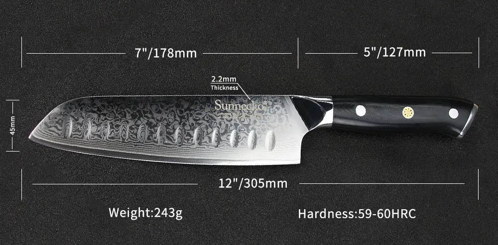 Sunnecko 7" inch Damascus Santoku Knife Japanese VG10 Steel Blade Razor Sharp Cut Kitchen Chef's Cooking Knives G10 Handle