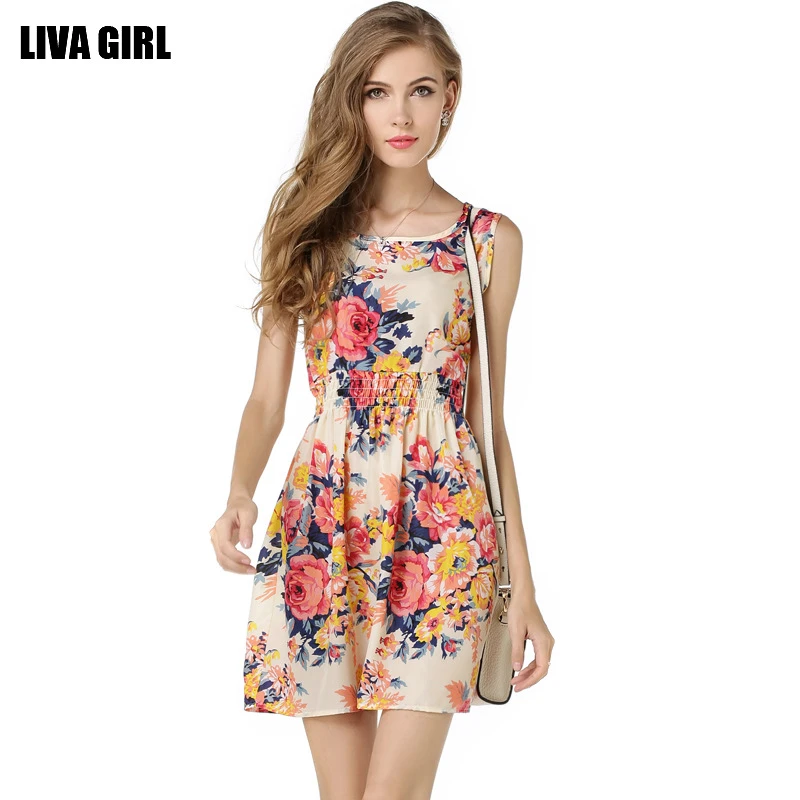 Corredor Pertenece Exactamente Vestido de verano con estampado de flores para mujer, Vestidos tipo túnica,  Casual, cuello redondo, sin mangas, Vestidos cortos de gasa, vestido  ajustado de cintura elástica para oficina|Vestidos| - AliExpress