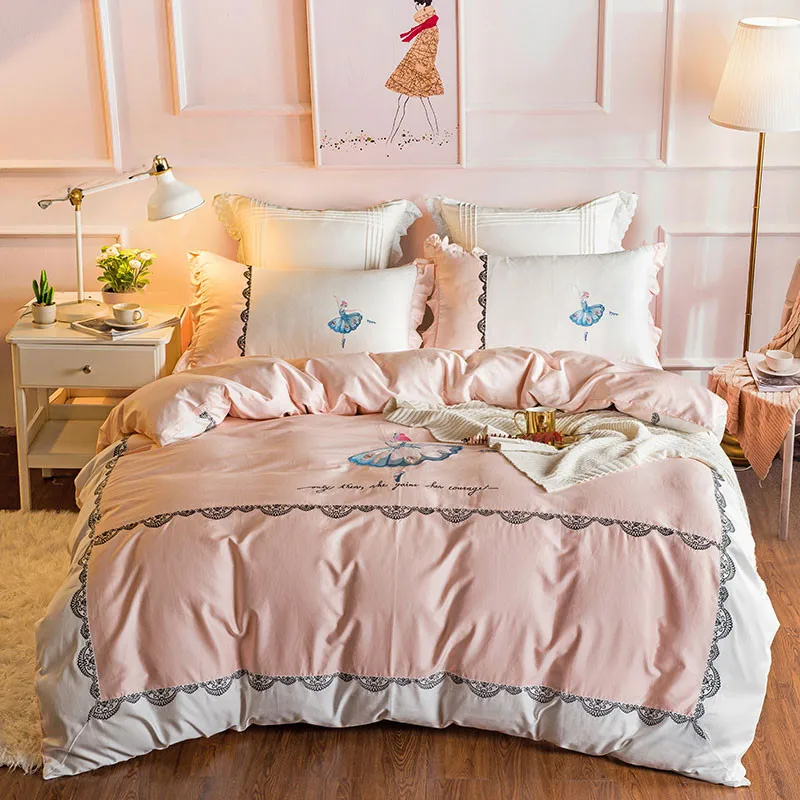 

60S Egypt Cotton Luxury 4/7pcs Bedding set Queen/King Size Embroidered ballet Princess Bed set Duvet cover Bed linen Pillowcases