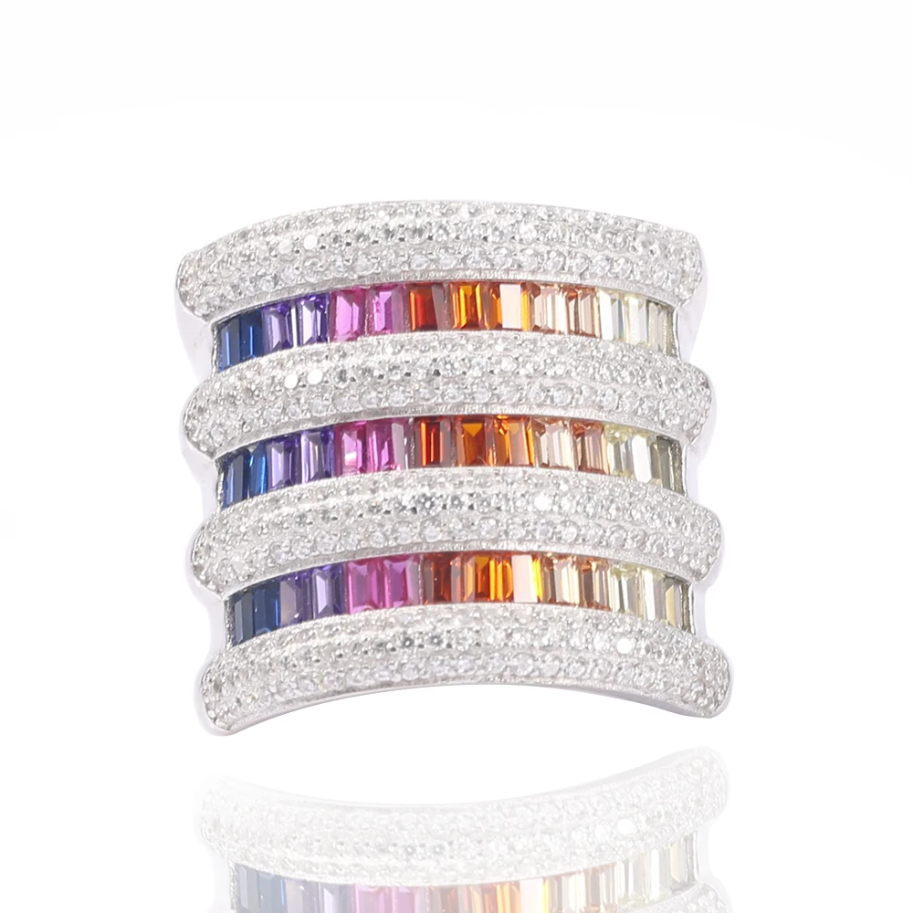 

Rainbow Cubic Zirconia Fashion Big Rings For Women Real 925-Sterling-Silver Four Layers Gradient Color Rings Silver Jewelry