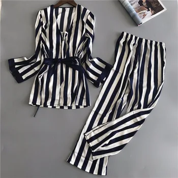 

2018 Spring Women's 3 Pieces Stripe Pajamas Set Sexy Stain Silk Sleepwear Home Clothing