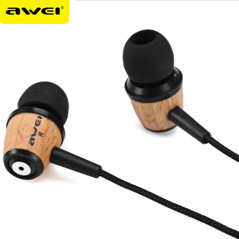 AWEI Q9 Earphone In Ear Fone de ouvido Wooden Earphone Stereo Auriculares Audifonos Nylon Weave Wire