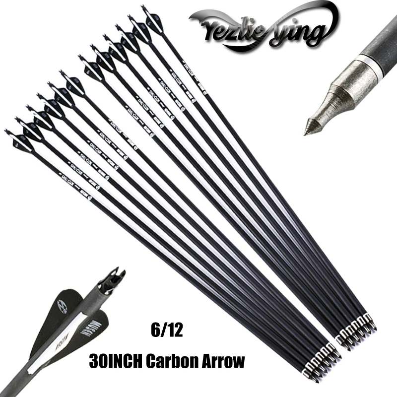 

6/12PCS 30Inch Spine 500 Carbon Arrow Black and White Feathers Replaceable Archery Arrows For Recurve Bow Hunting Archery