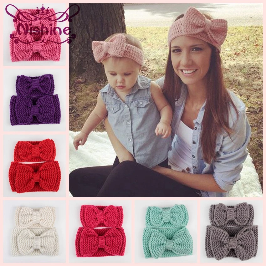 

Nishine 2Pcs/set Mom and Baby Matching Handmade Knit Bow Headband Women Headband Infant Kids Crochet Hair Bands Hair Accessories
