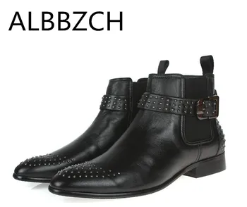 

Luxury Man Chelsea Ankle Boots High Top Shoes Men Male Genuine Leather Men's Cowboy Western Short Boots Rivets Motorcycle Boots