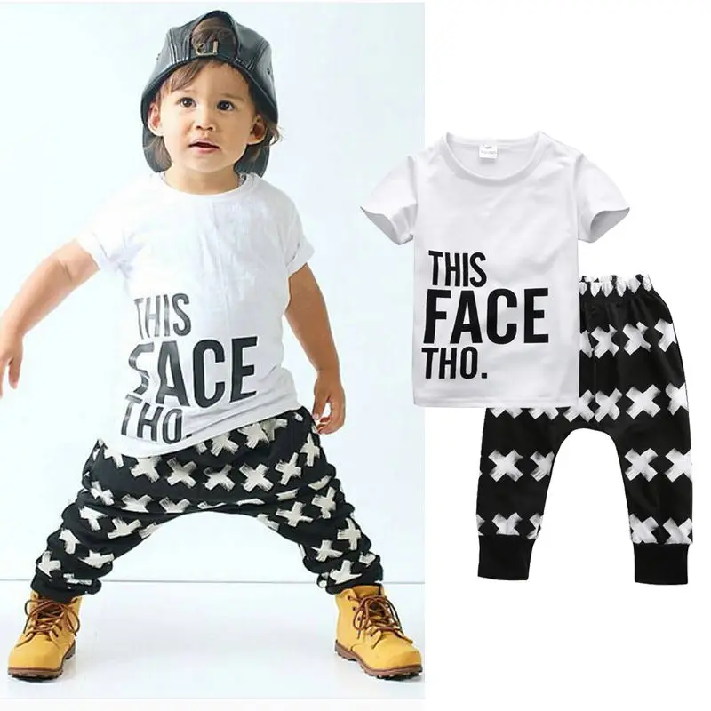 Hauts + Harem lettre blanc coton pantalon 2 pièces ensemble garçons 0-5Y 2 pièces vêtements ensembles 2016 été bébé garçon vêtements enfant en bas âge t-shirt style décontracté