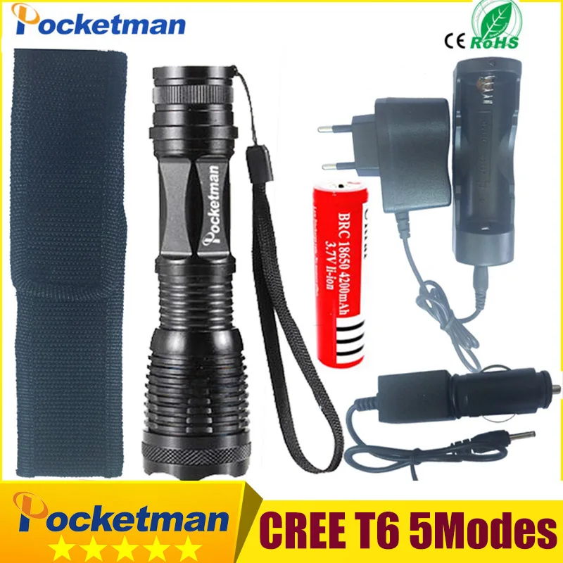 

NEW LED Flashlight Zoomable Flashlight 5Modes LED torch E17 XM-L T6 4000 Lumen+ AC/Car Charger + 18650 Rechargeable Battery