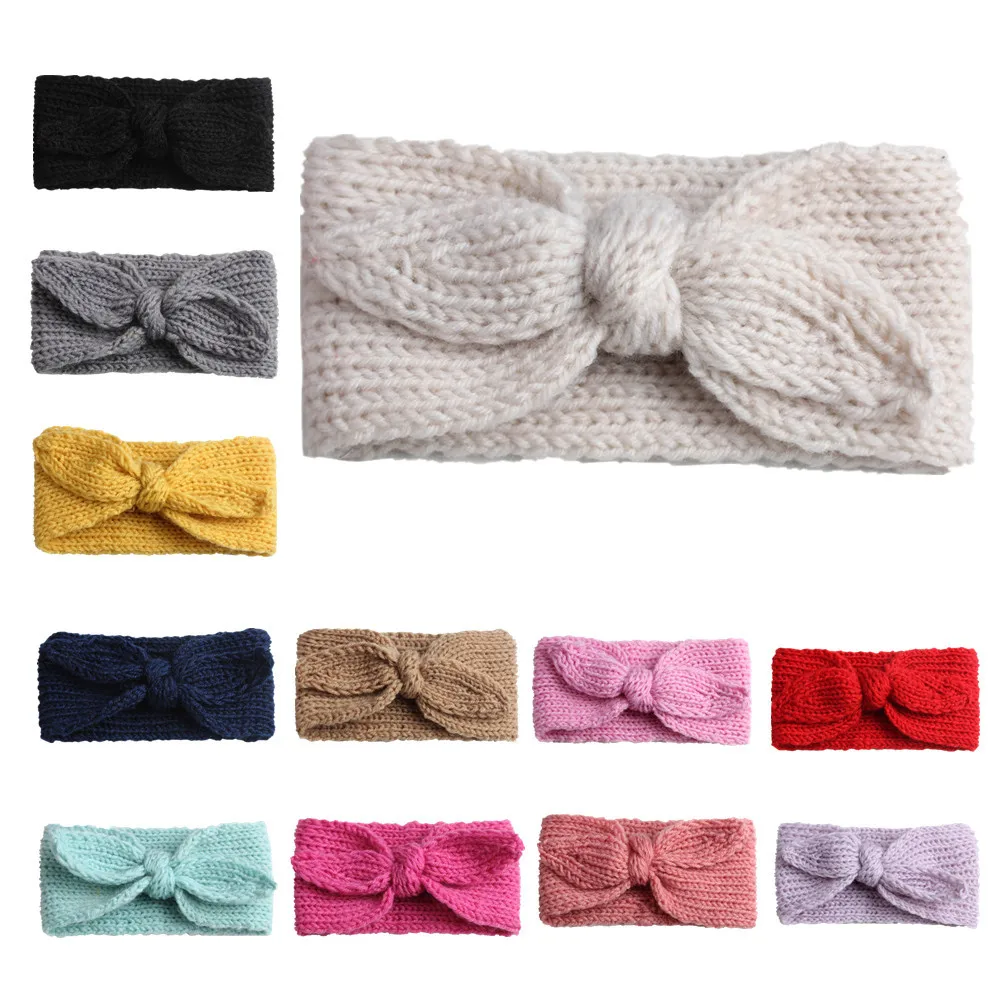 

Baby Solid Big Bow rabbit ears Fish Knit Wool Headband Fashion Girl Warm Woolen Crochet Turban Handmade Bow Knot Wide Head Wrap