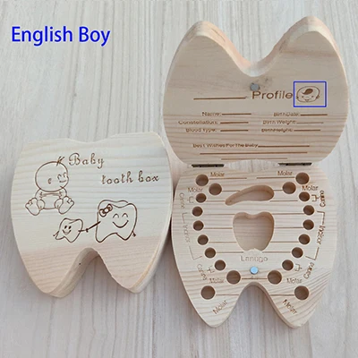 Деревянная коробочка для молочных зубов Английский Испанский Русский Французский Португальский молоко коробка для хранения зубов Органайзер Детские сувениры дети зуб Коробка - Цвет: English Boy