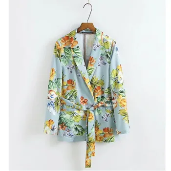 

Chic Flower print Sashes Waist Skyblue Blazer New Woman Shawl Collar Slim Fit Mid long Suit Jacket Coat Outerwear With Belt