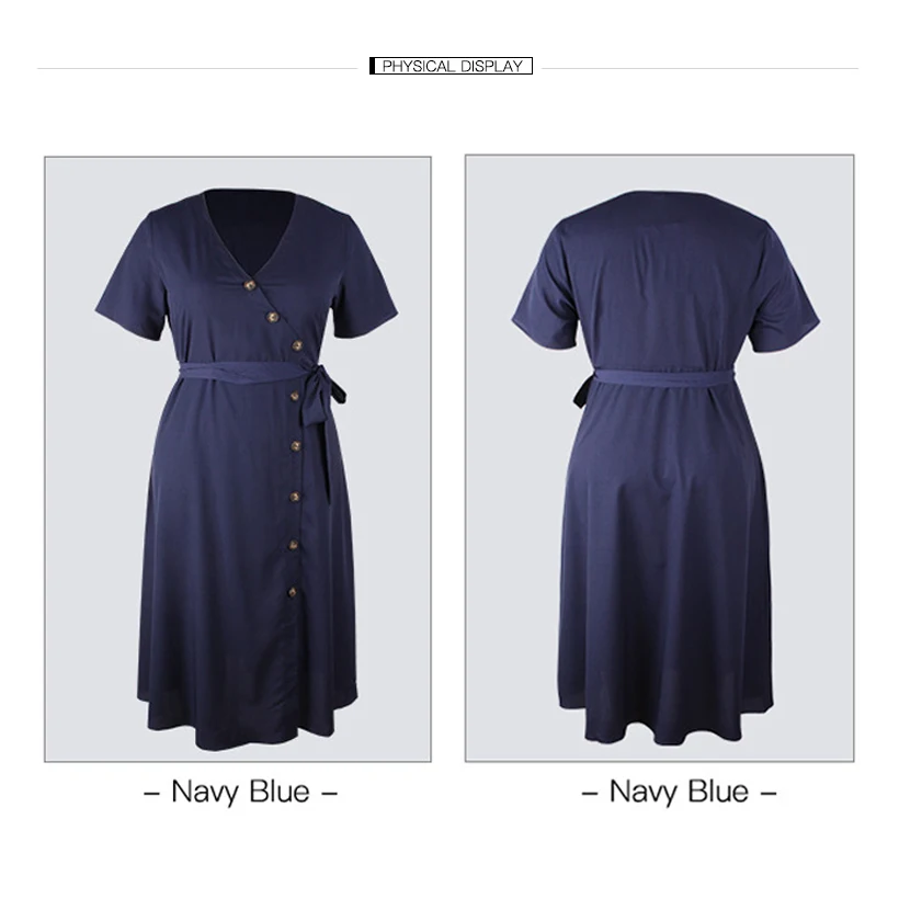 Женское платье средней длины размера плюс 4XL темно-синего цвета, большой размер, на шнуровке, на пуговицах, женское платье с v-образным вырезом, летние платья, праздничные повседневные пляжные платья