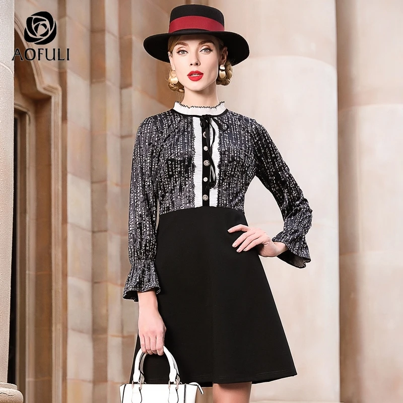 

Big Size Velvet Patchwork Dress Flare Sleeve Ruffled Letters Print Pattern Plus Size Women Clothing AOFULI L~ XXXL 4XL 5XL A3850