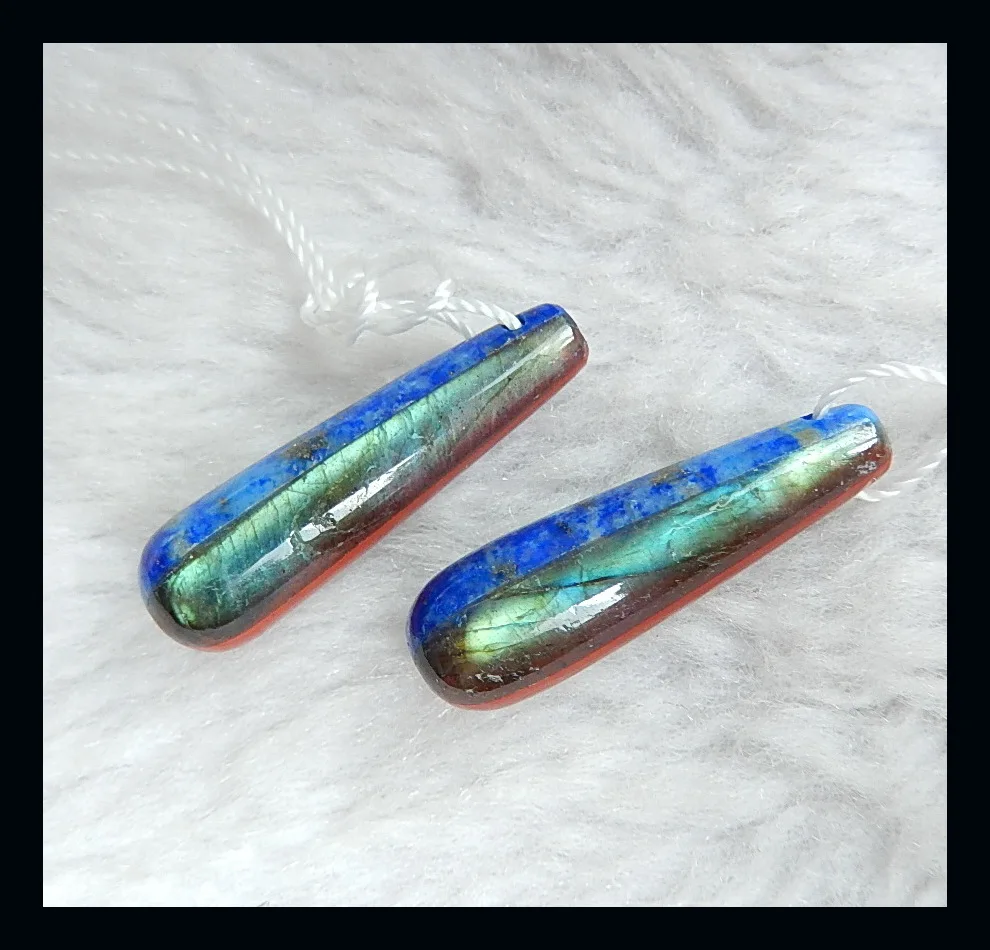 

Natural Stone Tube Labradorite Lapis Lazuli Amazonite Red-River Jasper Intarsia Earrings,28*8mm,5.8g