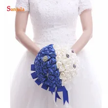 Романтический свадебный букет цветные смеси синего цвета и цвета слоновой кости, специальные Букеты Свадебные в продаже ленты искусственные цветы розы WB02