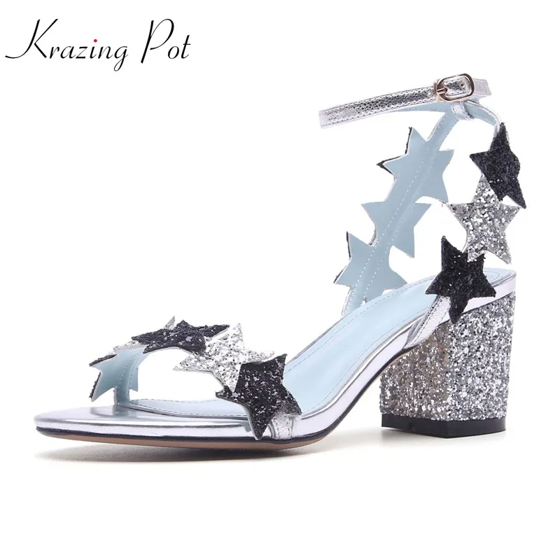 

Krazing pot sequined cloth peep toe bling ankle straps sandals women glitter high heels summer five-star graphics lady shoes L11