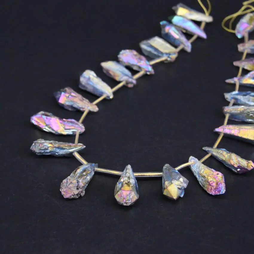 

15.5"strand Rainbow Titanium Raw Crystal Quartz Top Drilled Point Beads,Natural Crystal Nugget Graduated Pendants DIY Jewelry