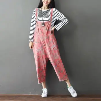 

Female Cotton Jumpsuits New Arrival Flower Printed Casual Overalls Bib Pants Cute Girl Suspenders Trousers Rompers G081501