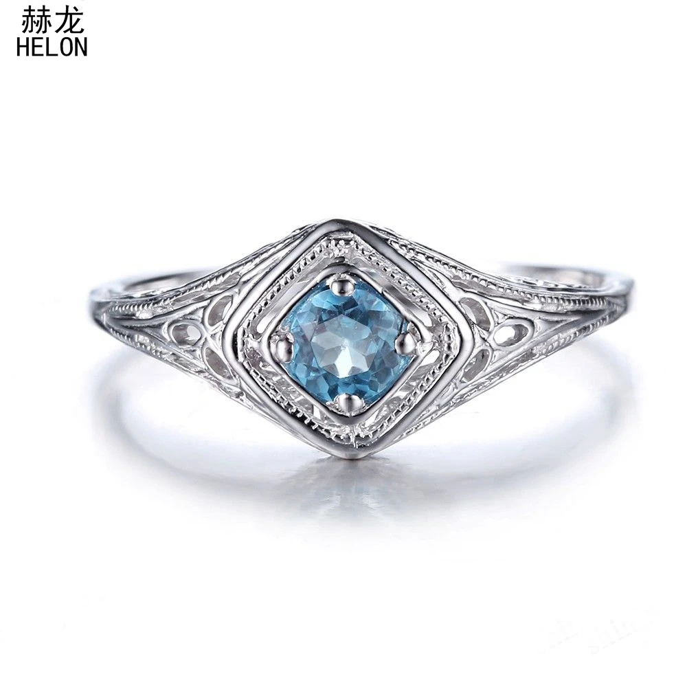 Solid 14k (585) White Gold 4mm Round Cut 100% Genuine Swiss Blue Topaz  Art Deco Antique Jewellery Women Engagement Wedding Ring
