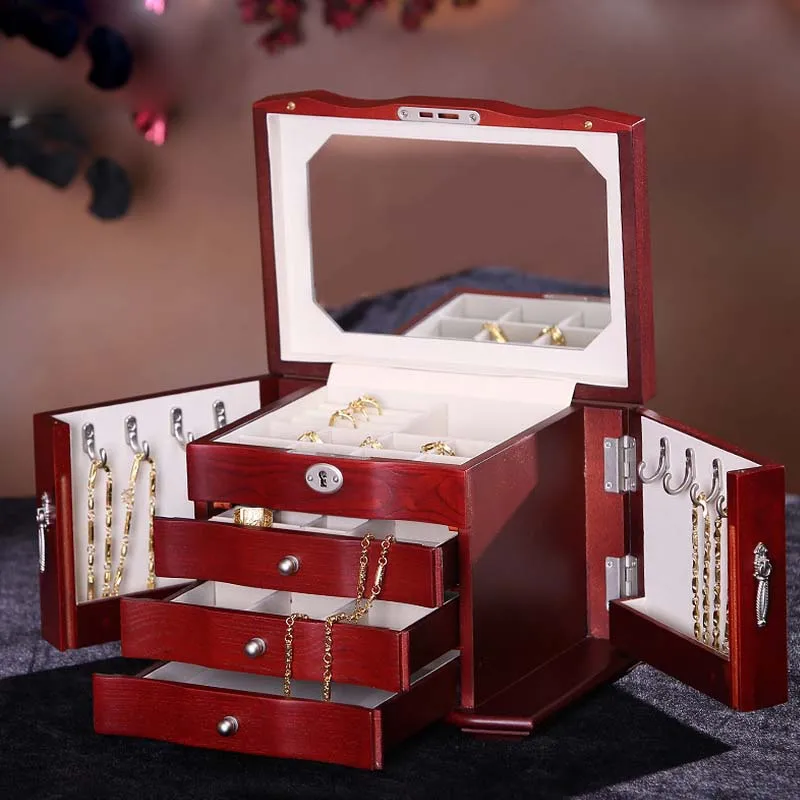 Шкатулка для ювелирных изделий в европейском стиле, деревянная коробка для макияжа, ювелирное ожерелье с замком, коробка для хранения