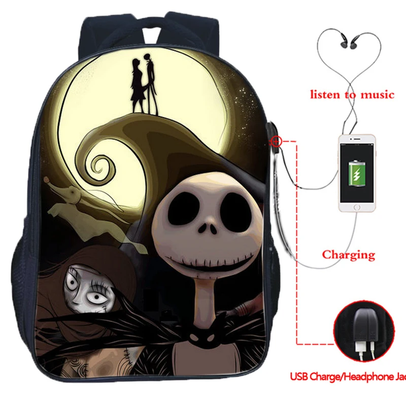 The Nightmare Before Christmas Backpack USB Charging Backpack Jack Skellington School Bag Backpacks Multifunctional Travel Bags - Цвет: 7