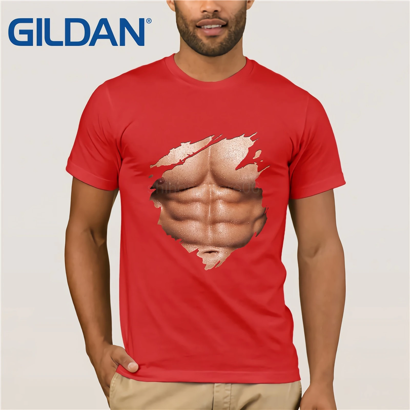 Грудь шесть пакет Abs футболка downloading muscles рваная футболка тела пляжа - Цвет: red