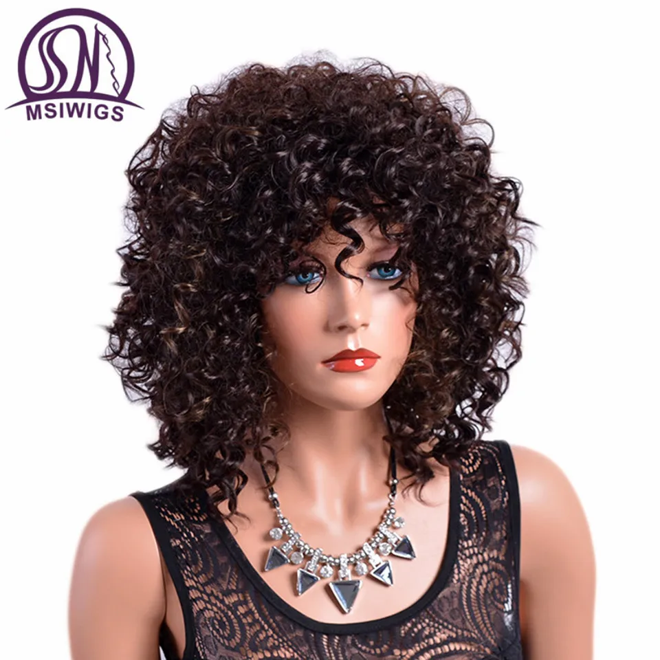 MSIWIGS Medium Black Curly Ombre Wigs High Temperature Fiber Natural