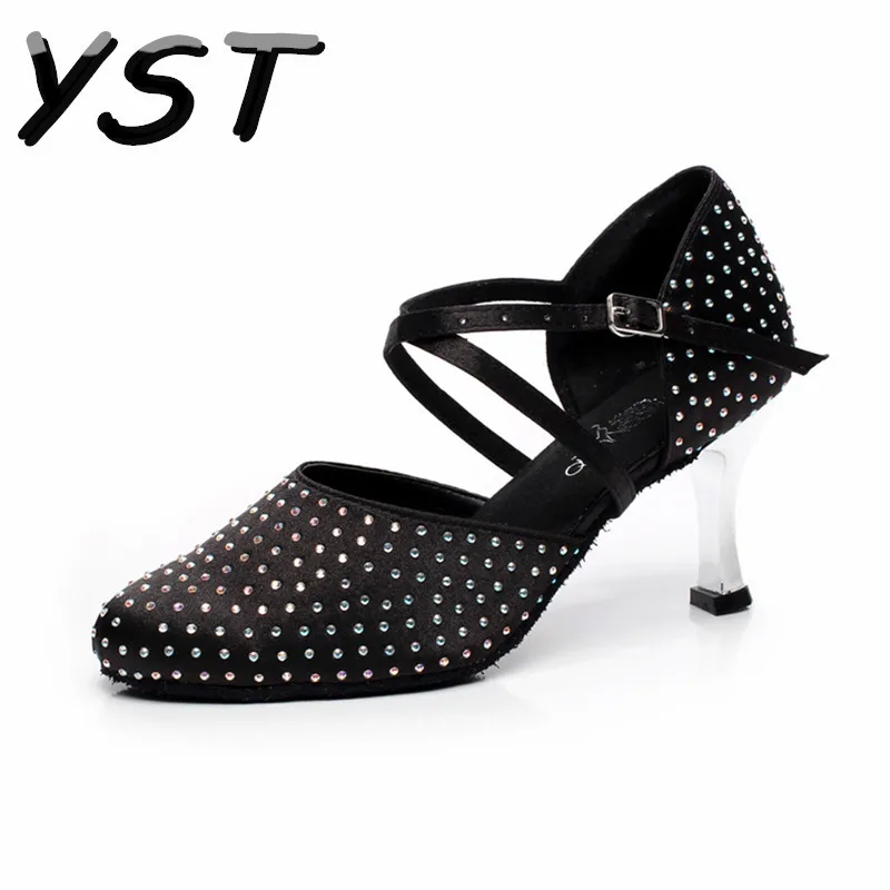 Women Stain Ballroom Latin Dancing Shoes High heeled 7.5cm Ladies black Salsa Dance Shoes Party