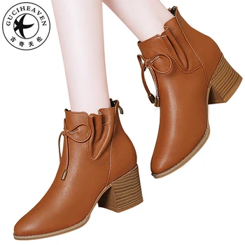 

Guciheaven 2019 Short Plush Winter Women Ankle Boots Warm Med Heels Chelsea Pumps 5cm Lace-up Martin Casual PU Leather Shoes