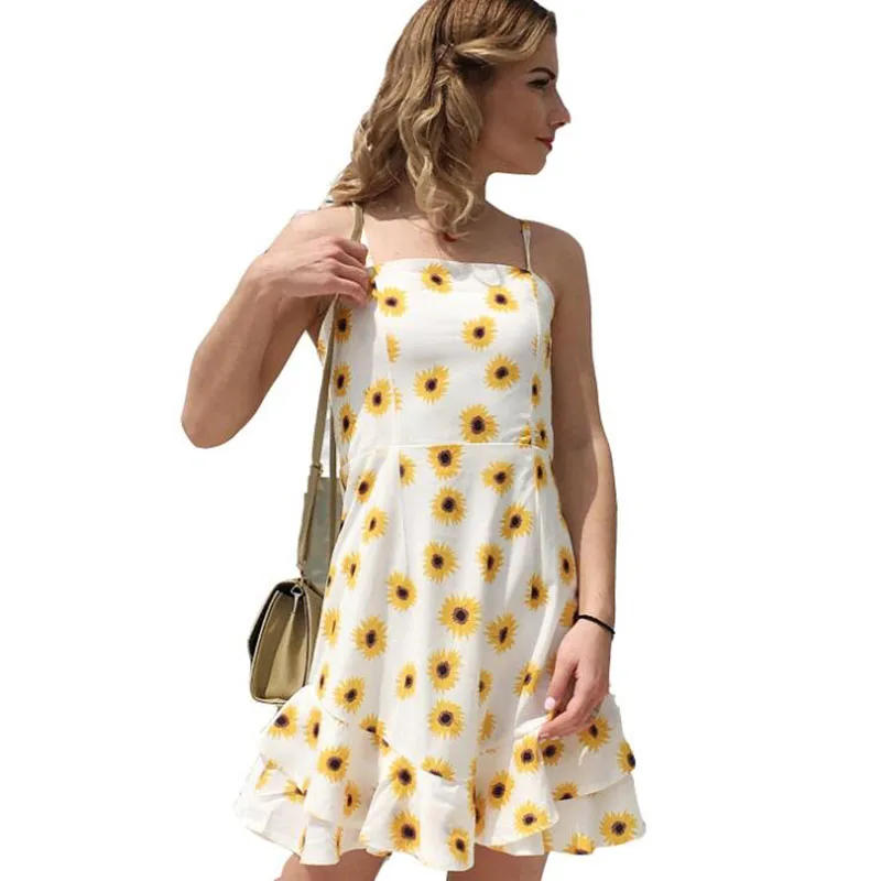 

Summer Dress 2019 Women Sexy Backless Spaghetti Strap Ruffles Strapless Elegant Print Mini A Line Chiffon Beach Dress Vestidos