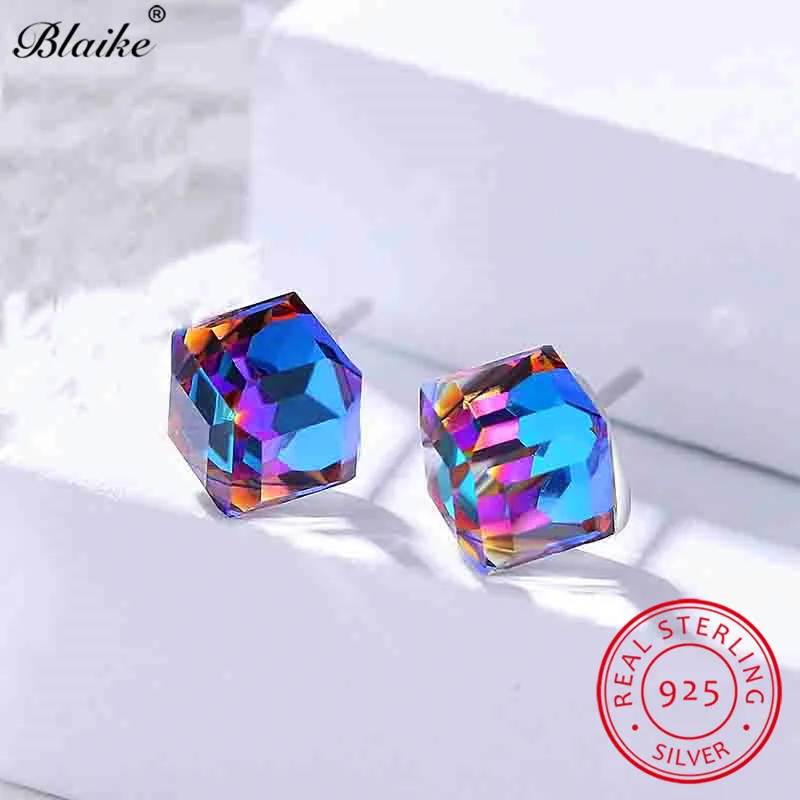 Blaike Mystic Rainbow Fire Topaz Crystal Square Stud Earrings For Women Real 925 Sterling Silver Gradient Earrings Fine Jewelry