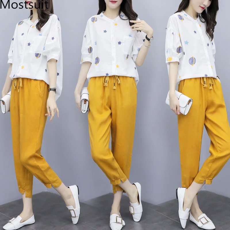 

S-3xl Summer Two Piece Sets Outfits Women Plus Size Printed Shirts And Pants Suits Casual Elegant Korean 2 Piece Sets Yellow