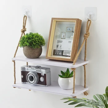 

Wooden Hanging Shelf Swing Rope Floating Shelves 2 Tier Jute Rope Wall Display Rack Children room kids clothing store display