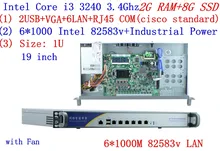 1U firewall server 2G RAM 8G SSD with 6*1000M 82583V Gigabit Intel CORE I3 3240 3.4G support ROS Mikrotik PFSense Panabit Wayos