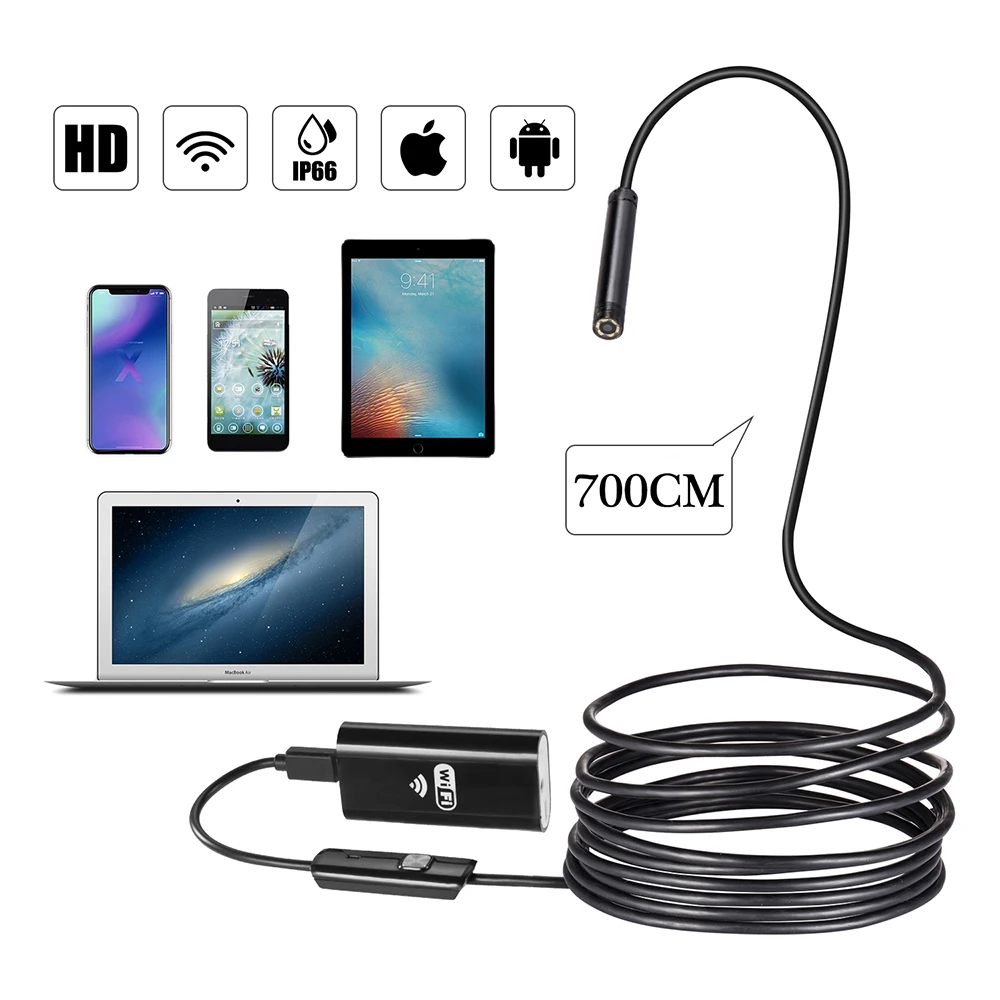 7M Cable 8MM OD HD 720P Wifi Endoscop Android USB IOS Endoscope Camera Flexible Wire Tube Cable Vehicle Pipe Inspection Cam